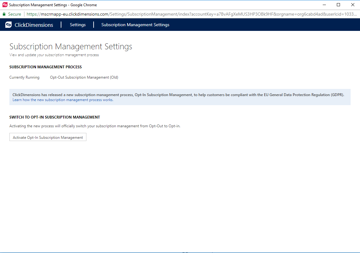 Activate opt in subscription management in ClickDimensions