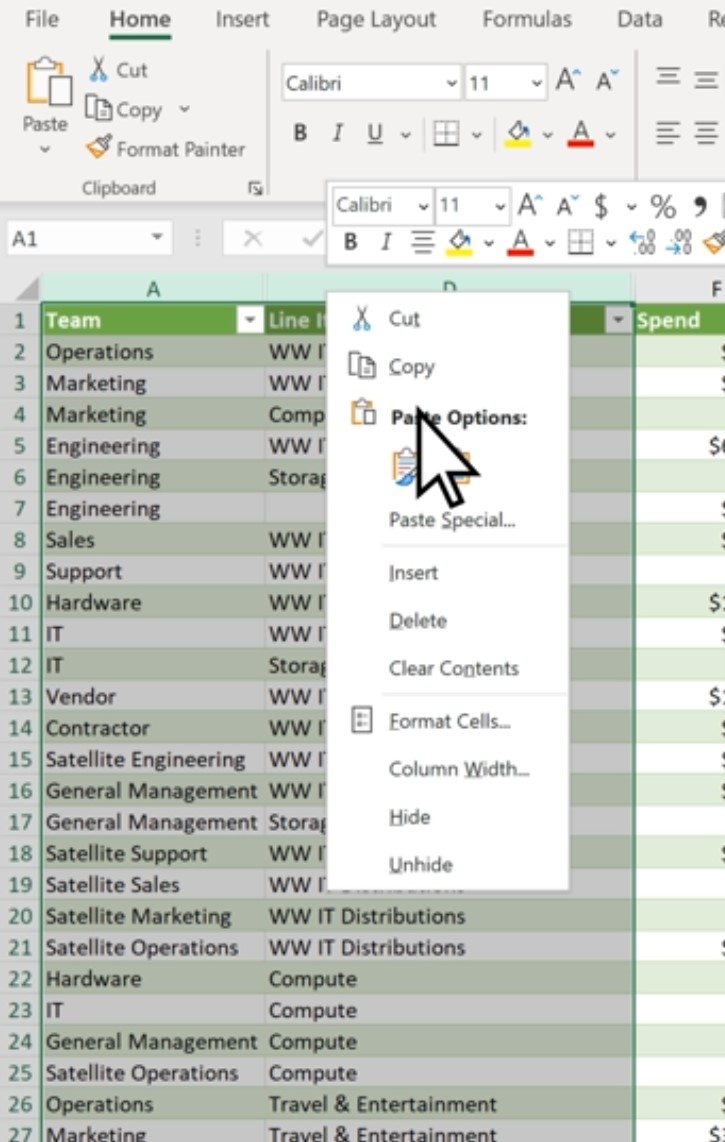 Unhide option in Excel