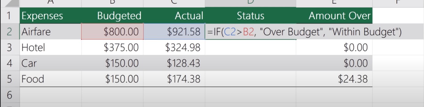 IF function example in Excel