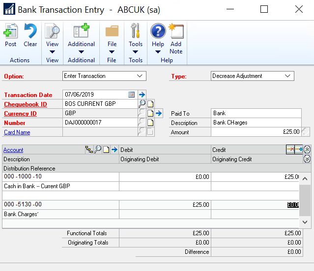 Bank transaction entry in Dynamics GP