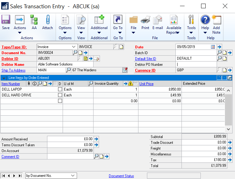 Complete sales transaction entry in Dynamics GP