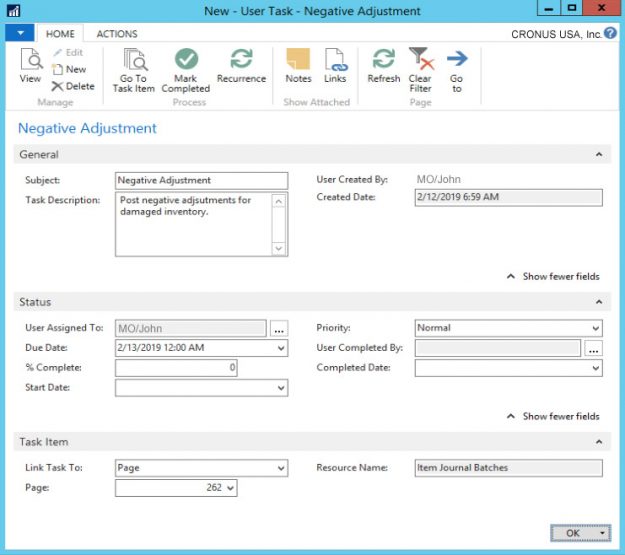 Create a new user task in Dynamics NAV