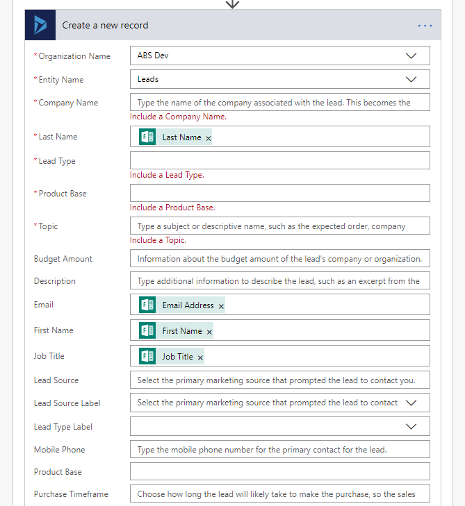 Create leads as new records in Dynamics 365 via Microsoft Flow