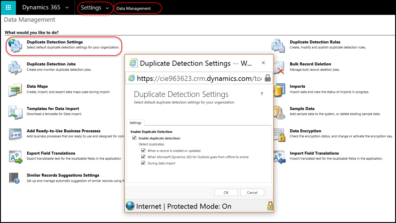 Duplicate detection settings in Dynamics 365