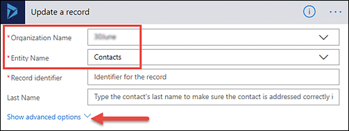How to fill in the update a record box in Microsoft Flow
