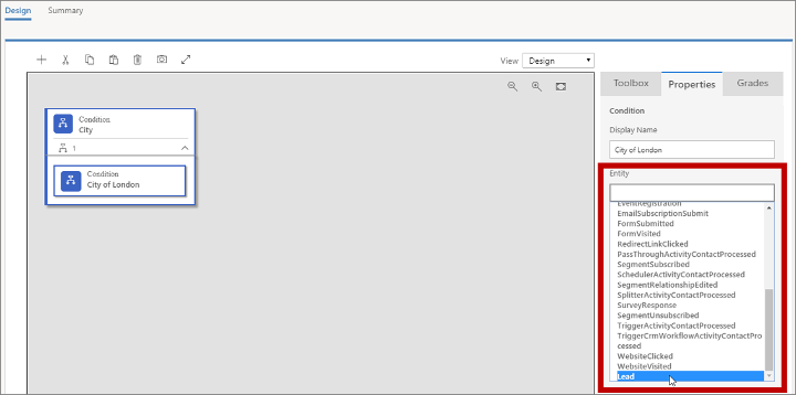 Lead scoring choosing a condition entity