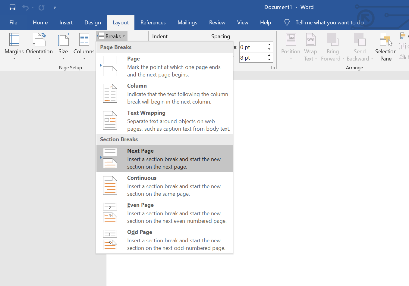Next page option in Microsoft Word