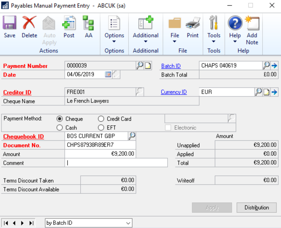 Payable manual payment entry in Dynamics GP