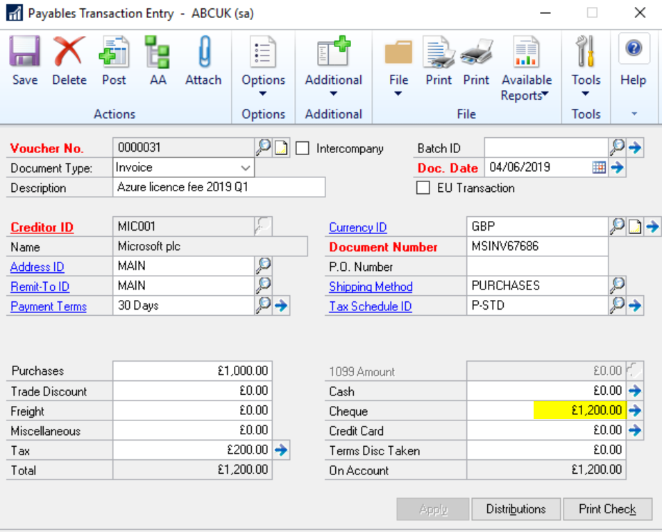 Payables transaction entry in Dynamics GP