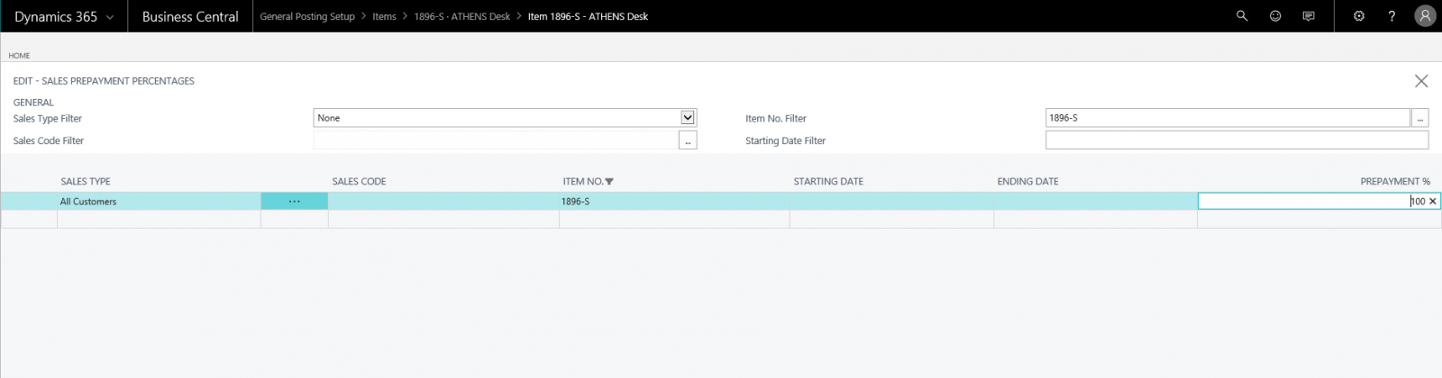 Prepayment percentage window in Dynamics 365 Business Central