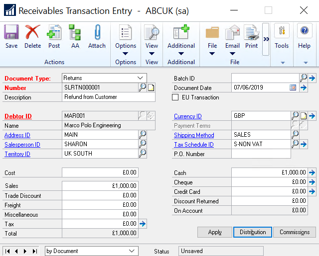 Receivables transaction entry in Dynamics GP
