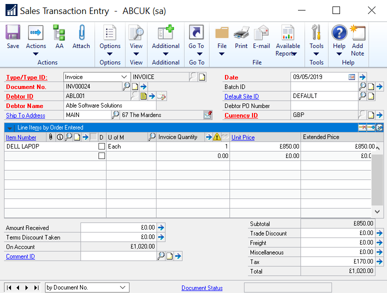 Sales transaction entry in Dynamics GP