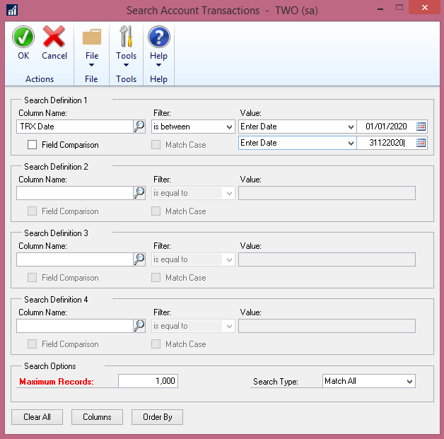 Search account transactions in Dynamics GP