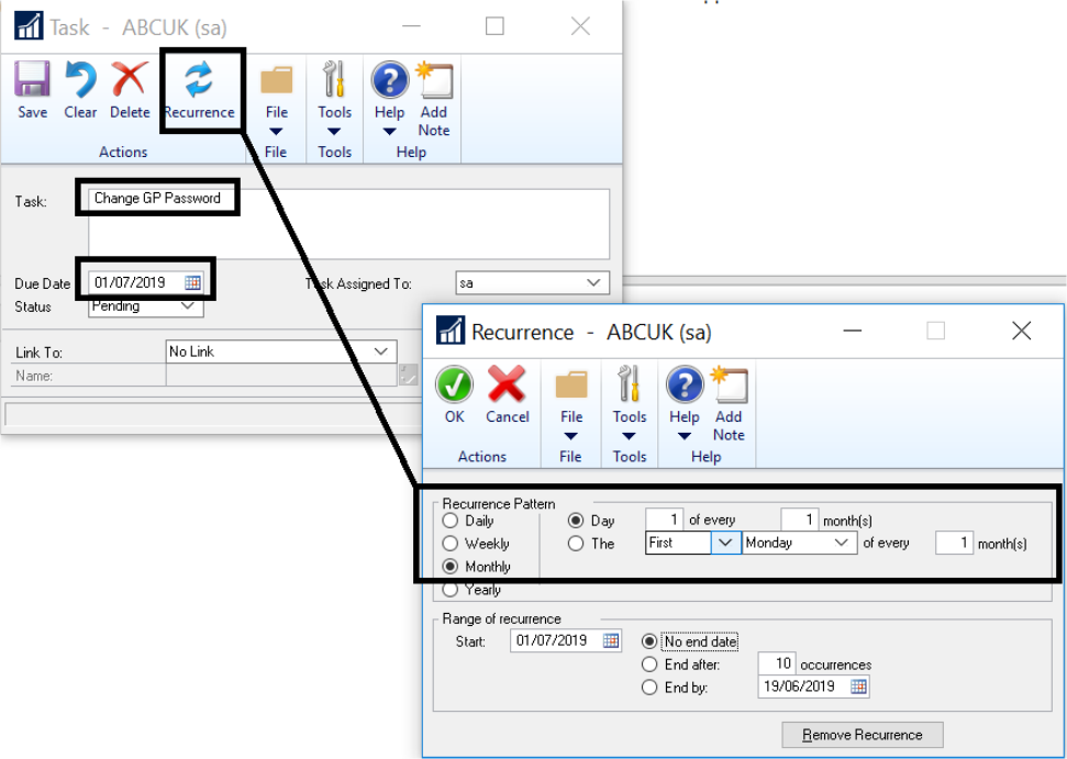 Setting up recurrences for passwords in GP