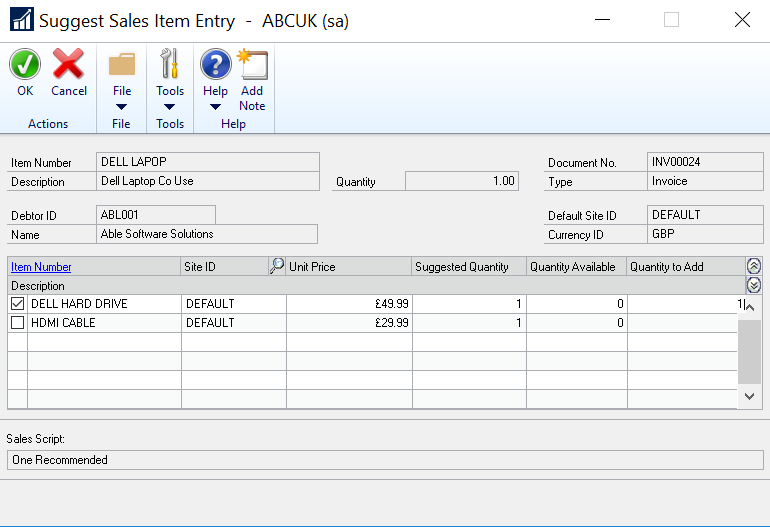 Suggest sales item entry in Dynamics GP