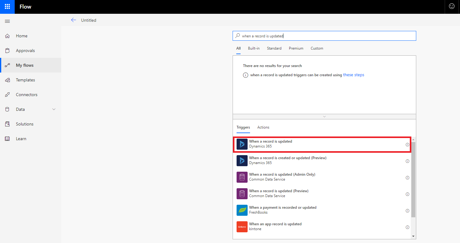 When a record is updated option in Microsoft Flow